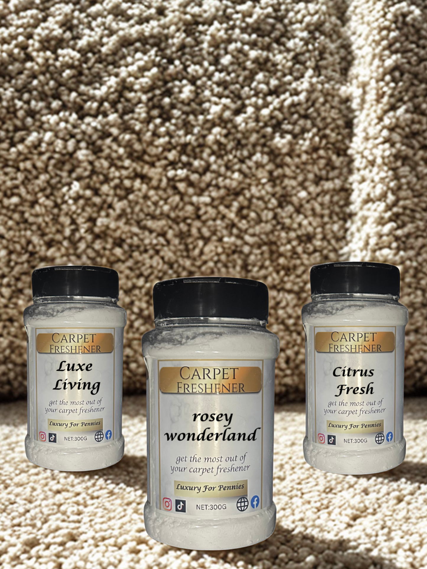 Three bottles of carpet freshener labeled 'Luxe Living', 'Rosey Wonderland', and 'Citrus Fresh' on a carpet background.
